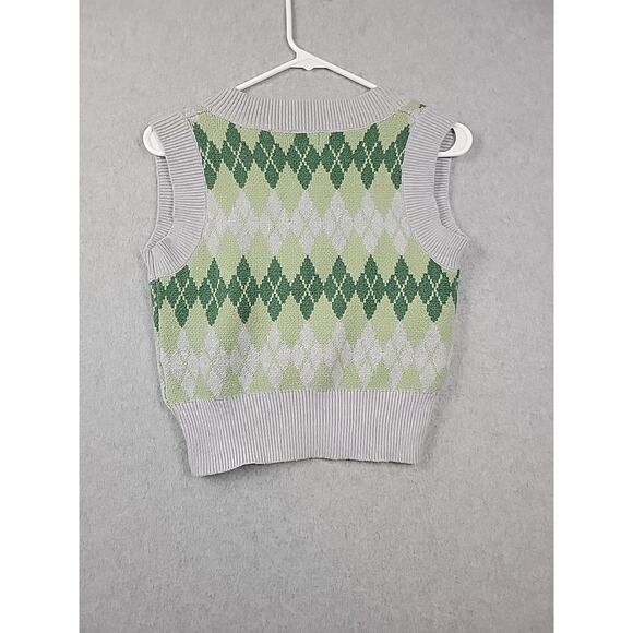 Cotton: On Gray Green Argyle Print Knit Crop Sweater Vest Women's Medium - Picture 6 of 12